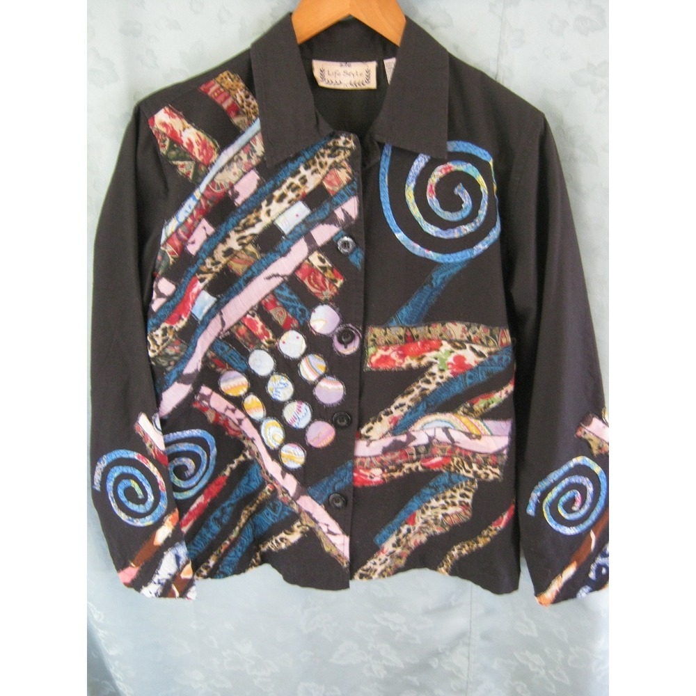 Life Style Shirt Jacket Shacket Size Medium 100% Cotton Appliqued Boho Top
